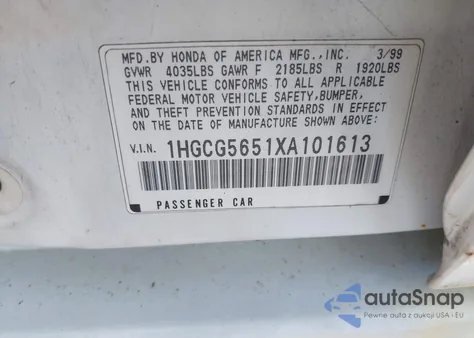 1999 Honda Accord Ex z USA, uszkodzony, nr VIN 1HGCG5651XA101613